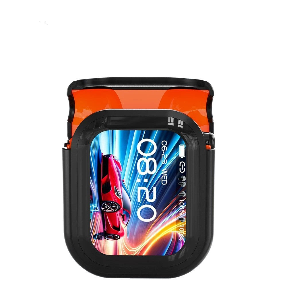 Wireless Bluetooth Earphones with Noise Cancelling and LCD Color Screen, showcasing stylish car design.